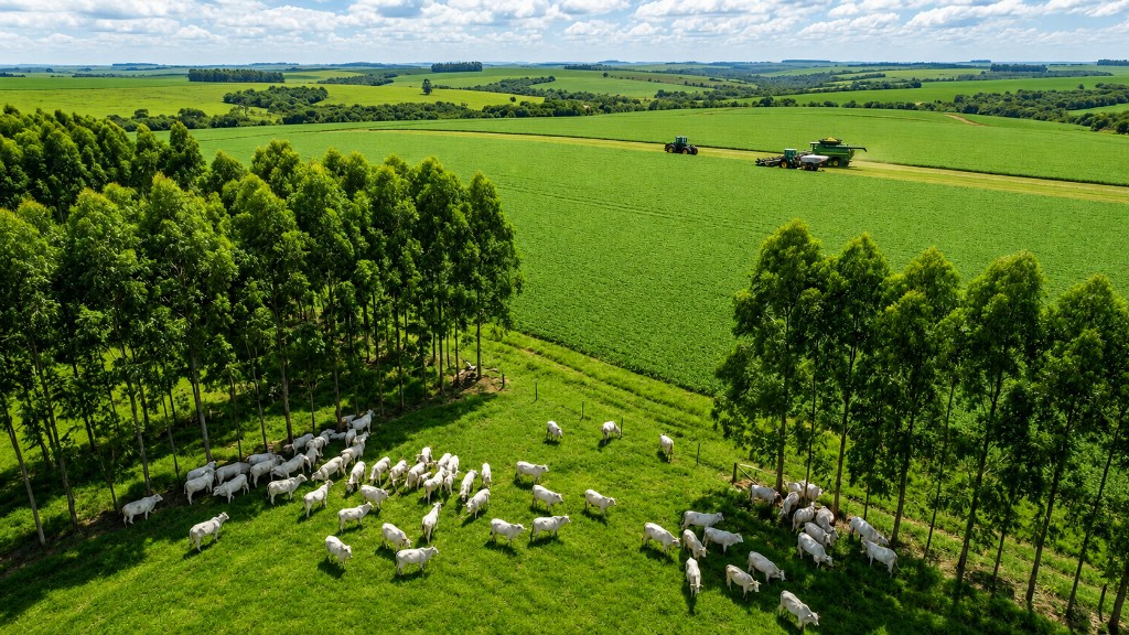 Paisagem produtiva ilustrando sistemas agrícolas integrados